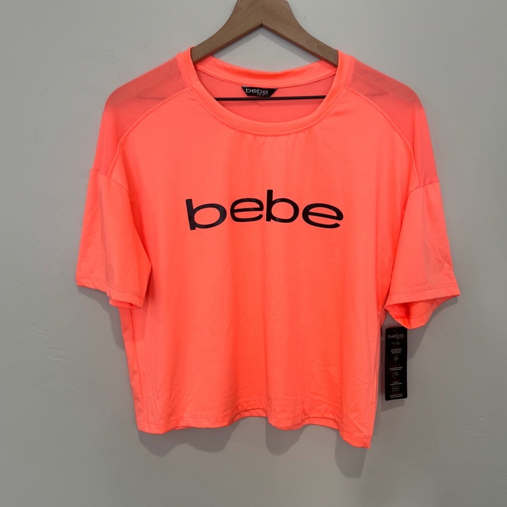 NWT Bebe Sport Neon Orange Mango Short Sleeve Boxy Top Size L Sporty Athletic